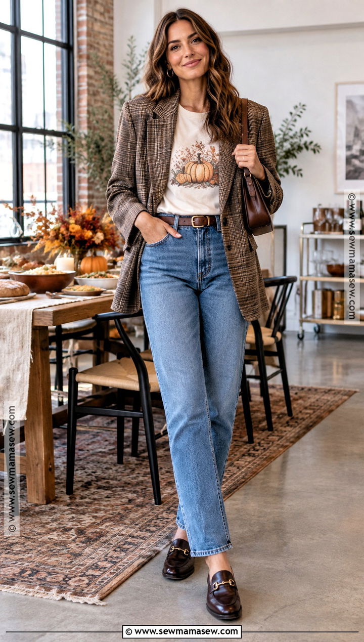 Friendsgiving Blazer Outfit With Graphic T Shirt - 30 friendsgiving outfit ideas