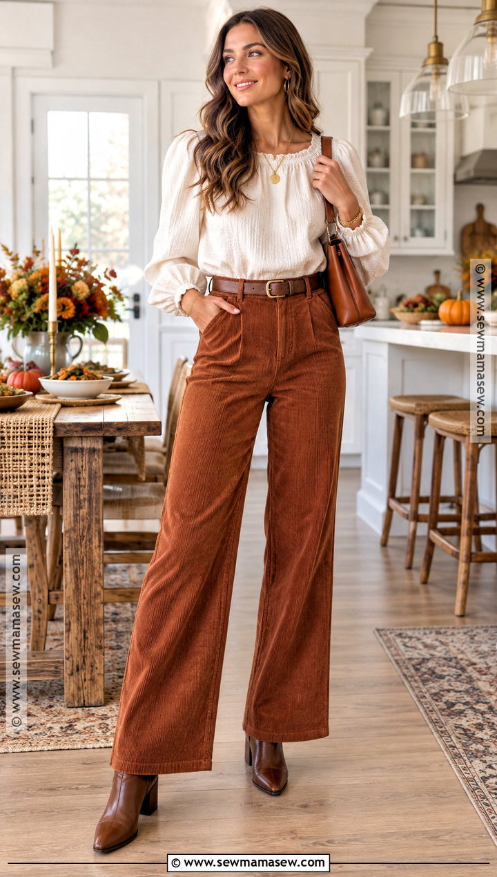 Friendsgiving Corduroy Pants And Blouse Outfit - 20 Cute Friendsgiving Outfit Ideas