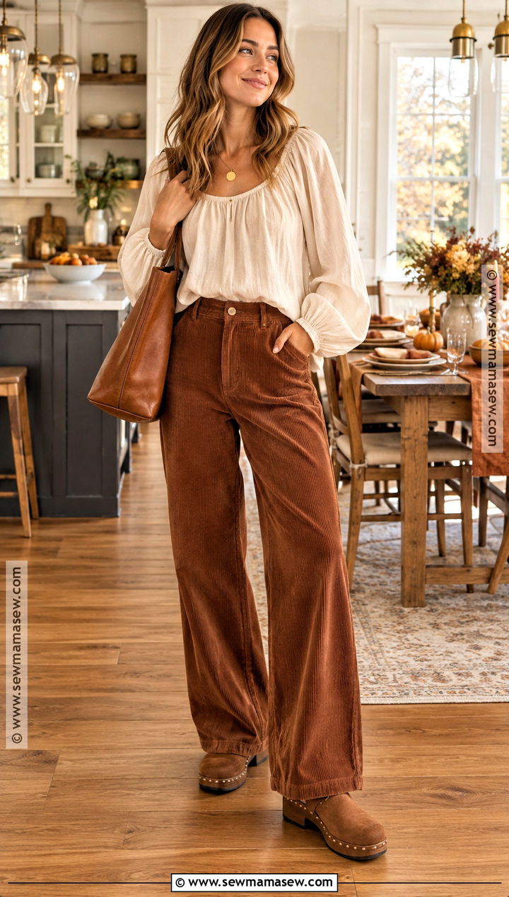 Friendsgiving Corduroy Pants And Blouse Outfit - 15 fall outfits friendsgiving