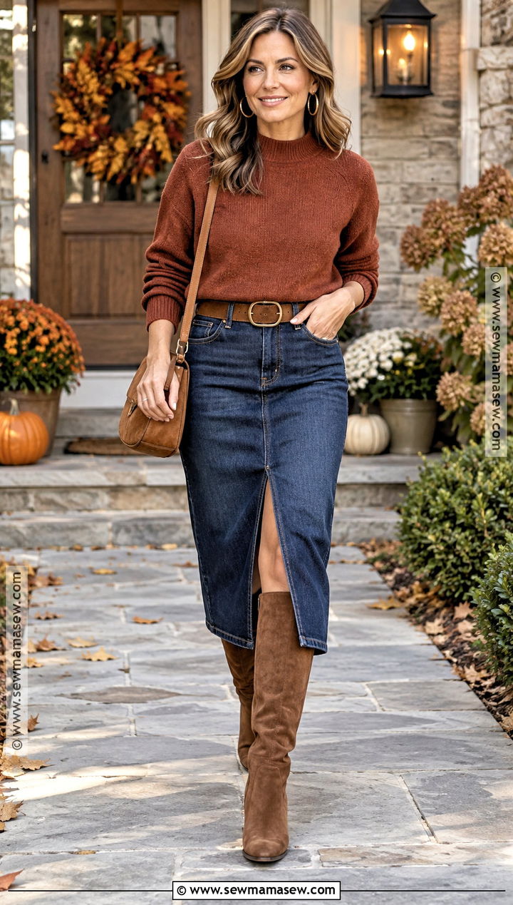 Friendsgiving Denim Skirt Outfit With Sweater - 30 friendsgiving outfit ideas