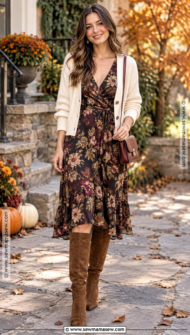Friendsgiving Floral Midi Dress With Cardigan - 30 friendsgiving outfit ideas
