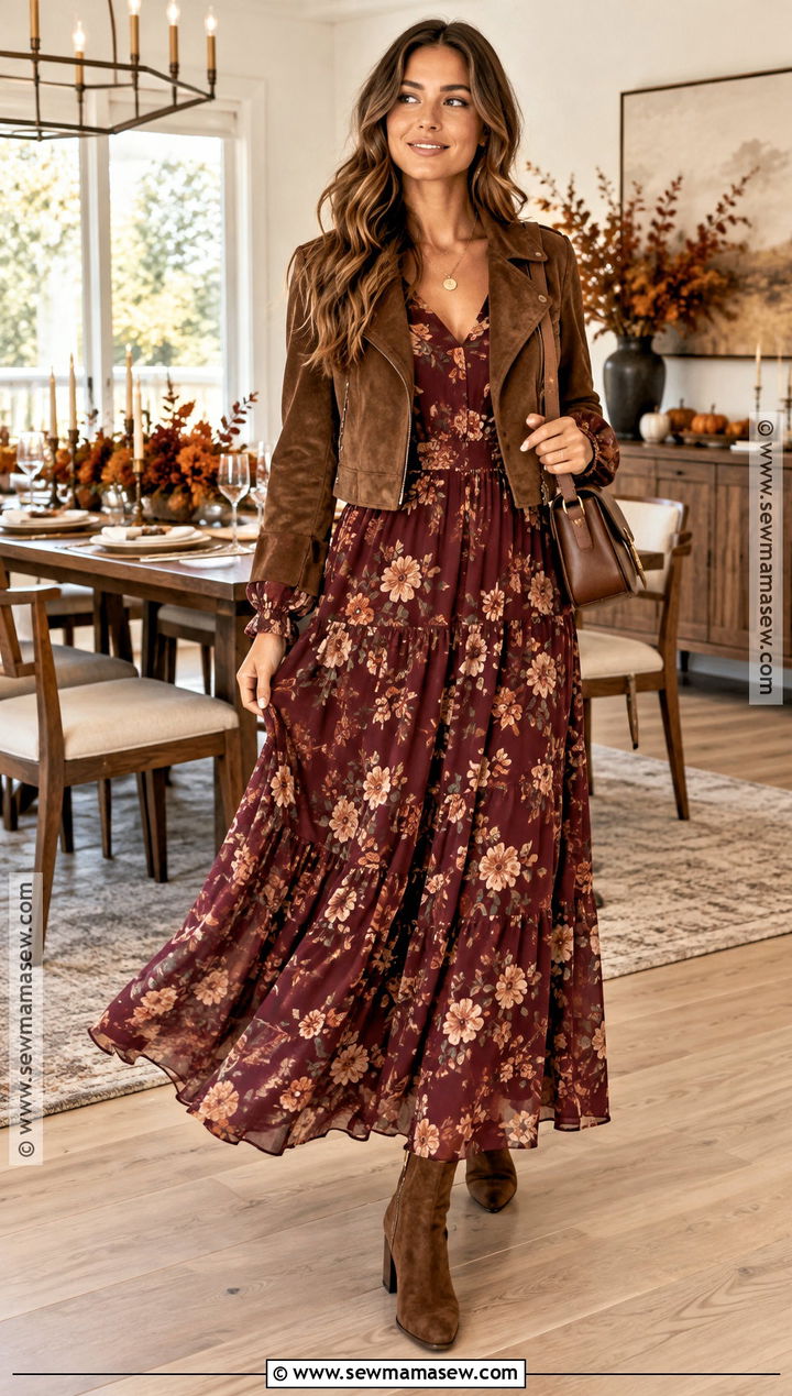 Friendsgiving Maxi Dress And Ankle Boots Outfit - 20 Cute Friendsgiving Outfit Ideas