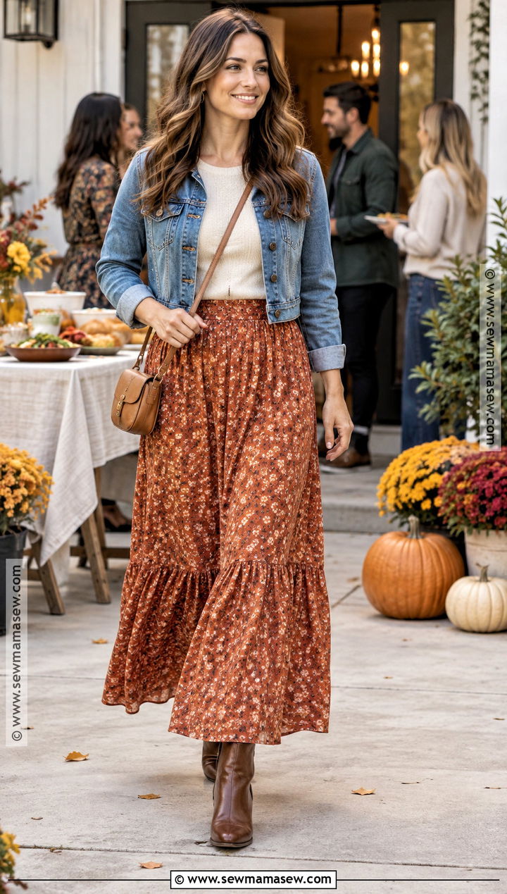 Friendsgiving Maxi Skirt And Denim Jacket Outfit - 15 Friendsgiving Fashion Ideas