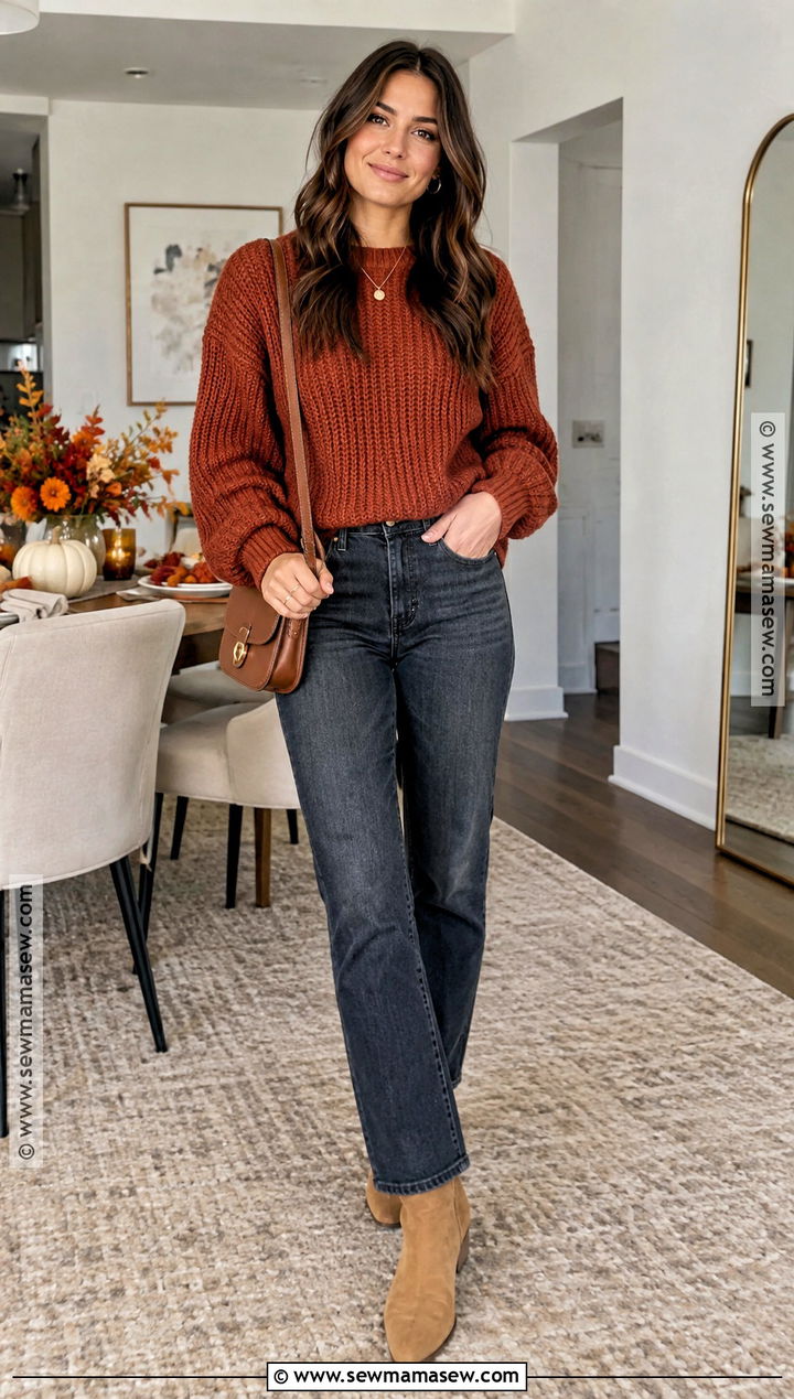 Friendsgiving Oversized Sweater And Straight Leg Jeans Outfit - 20 Cute Friendsgiving Outfit Ideas