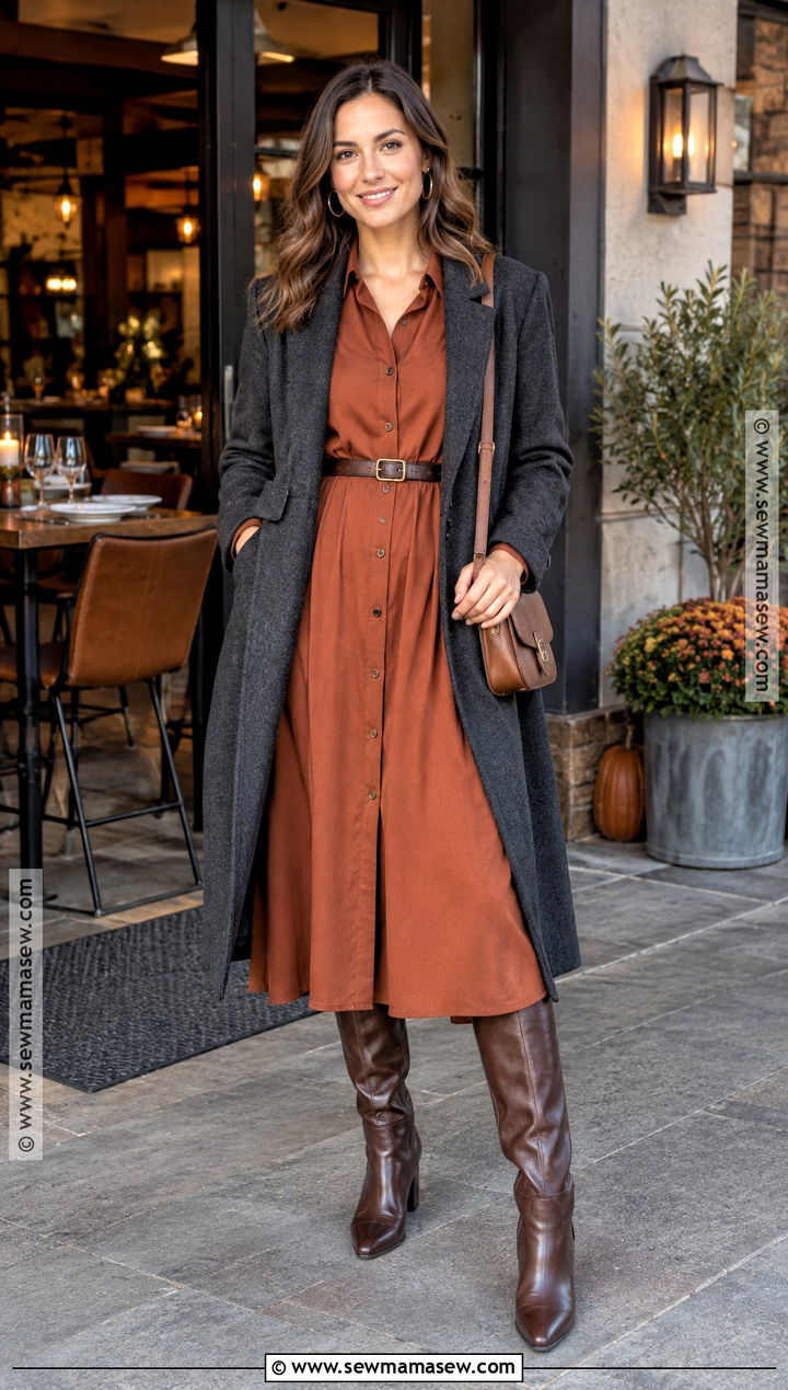 Friendsgiving Shirt Dress With Belt And Boots - 30 friendsgiving outfit ideas