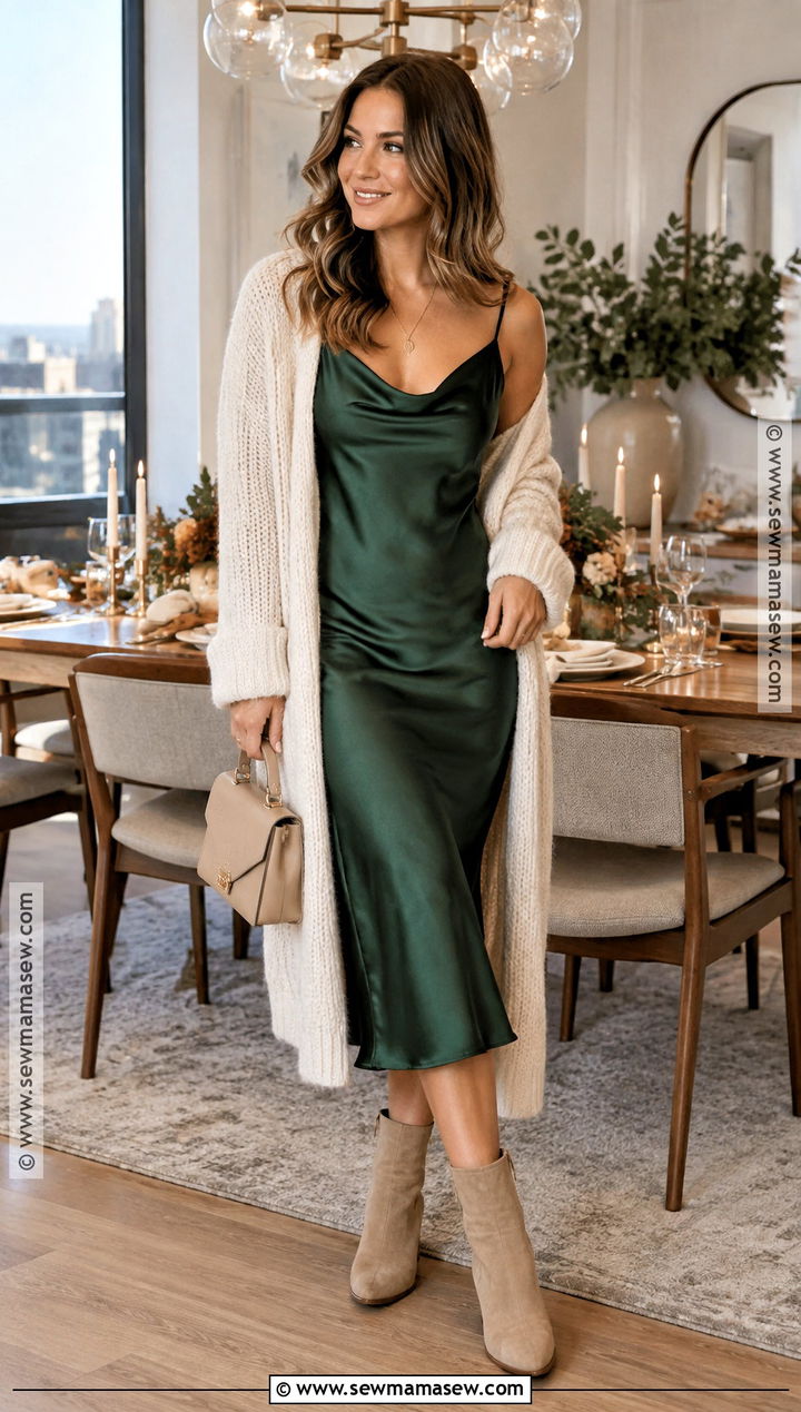 Friendsgiving Slip Dress And Long Cardigan Outfit - 20 Cute Friendsgiving Outfit Ideas