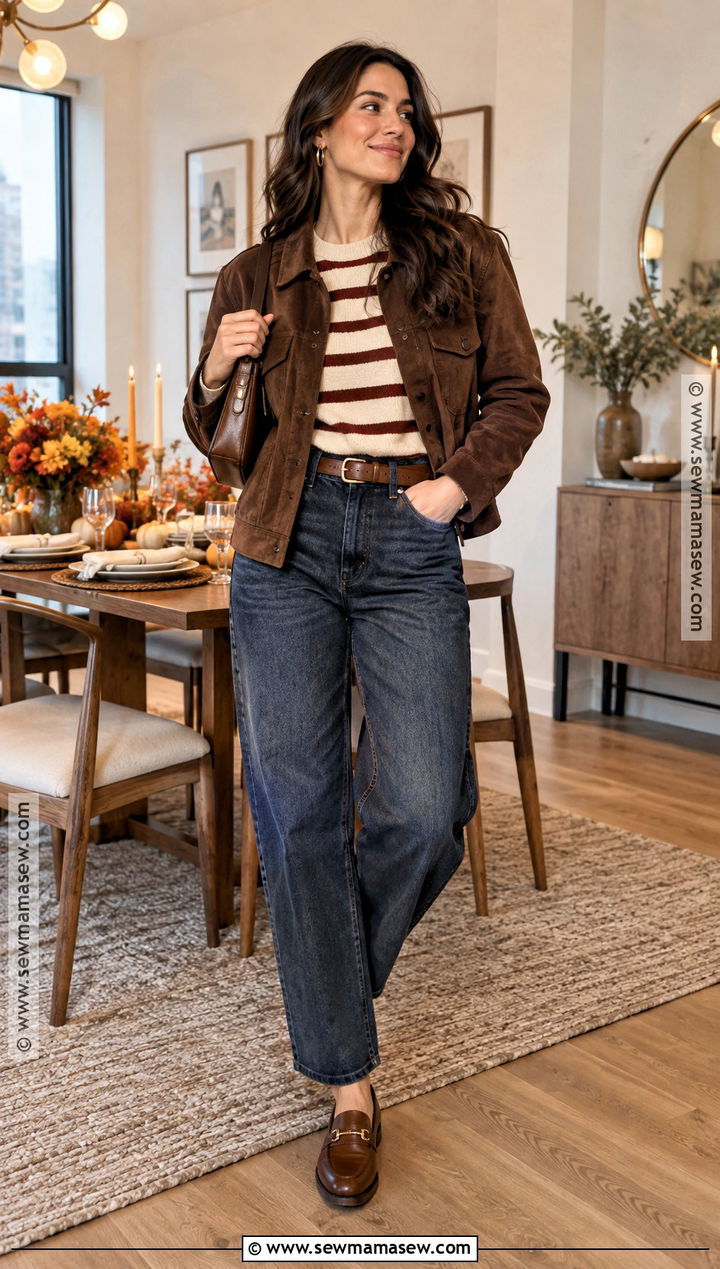 Friendsgiving Striped Sweater And Jeans Outfit - 25 Thanksgiving Outfit Aesthetic Ideas