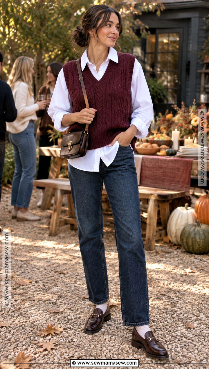Friendsgiving Sweater Vest Outfit With Button Down Shirt - 30 friendsgiving outfit ideas
