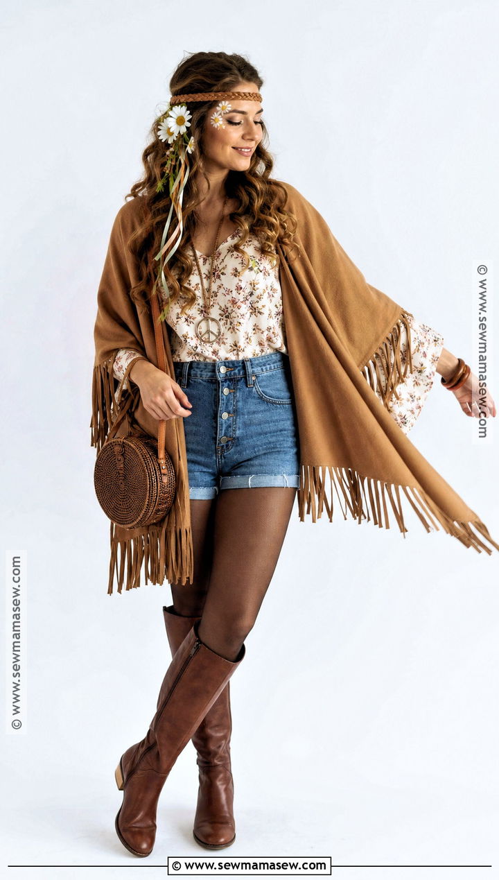 Fringe Cape And Denim Shorts Hippie Costume - 30 hippie outfits 70s costume