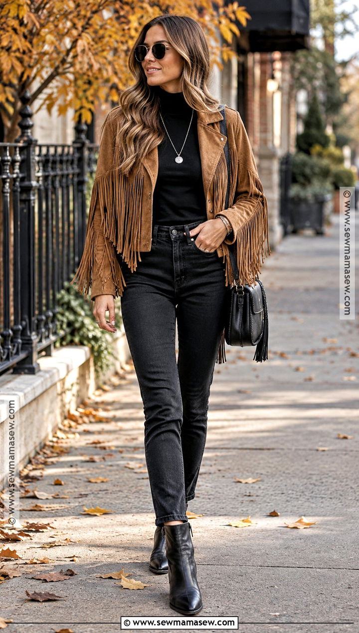 Fringe Jacket And Black Jeans Outfit - 30 fall outfits 2026 trends