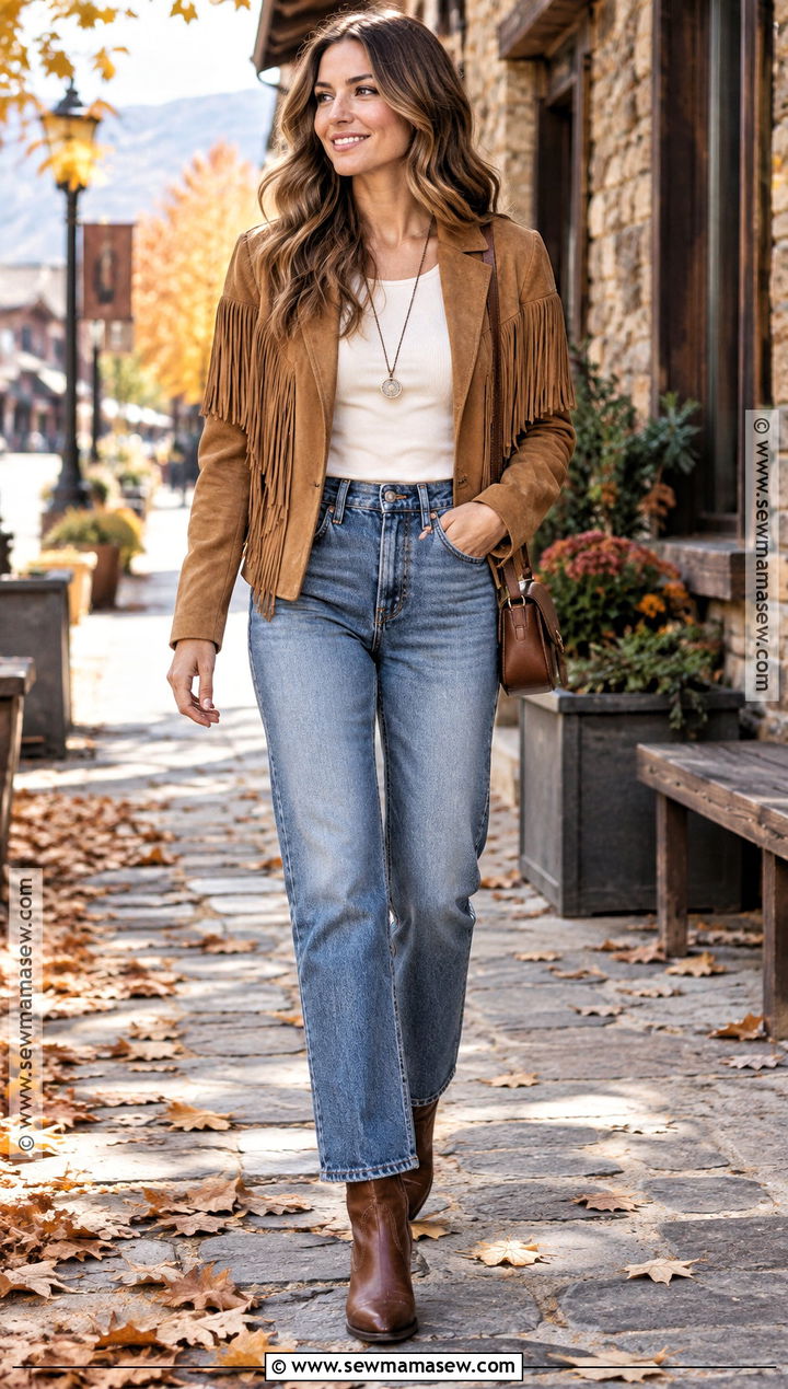 Fringe Jacket And Straight Jeans Boho Fall Outfit - 25 boho fall outfits