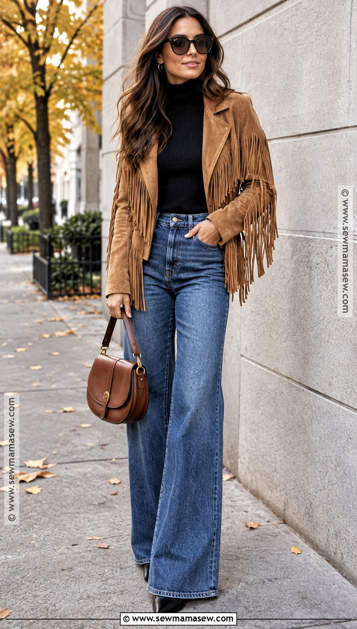 Fringe Jacket And Wide Leg Jeans Fall Boho Outfit - 25 fall boho outfits
