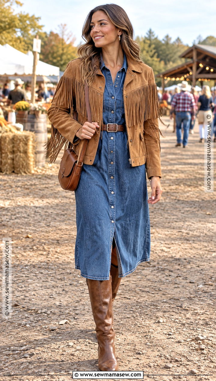 Fringe Jacket With Denim Dress - 30 fall jackets