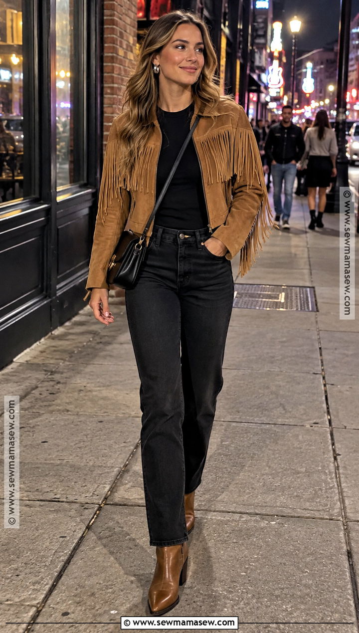 Fringe Jacket and Black Jeans Nashville October Outfit - 20 nashville in october outfits