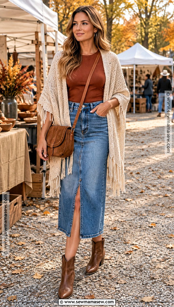 Fringe Knit Poncho With Denim Skirt And Western Boots - 15 Knit Poncho Fall Fashion Ideas