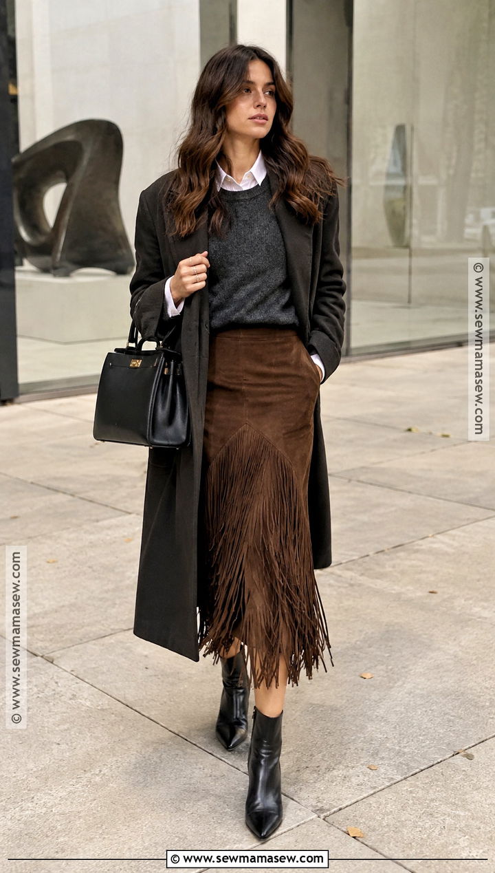 Fringe Midi Skirt And Layered Sweater - 15 skirts and sweaters outfit fall
