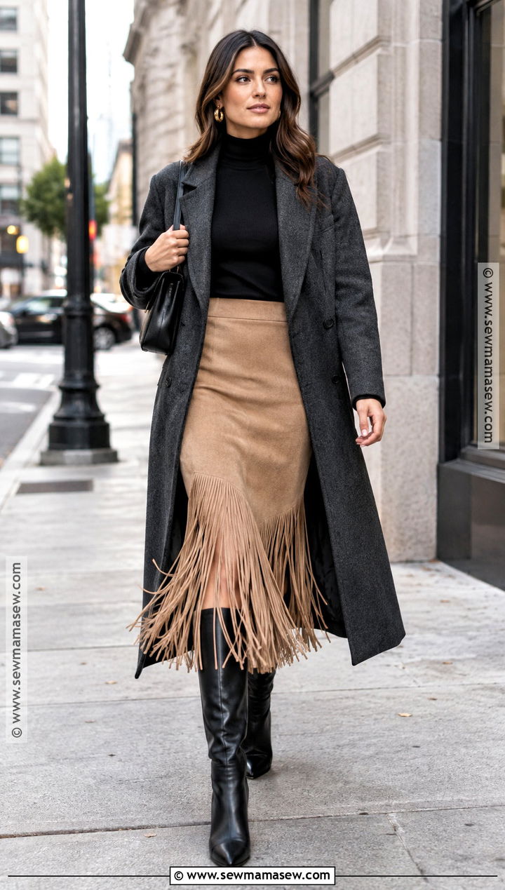 Fringe Midi Skirt With Fitted Sweater And Pointed Boots - 20 fall fits skirt