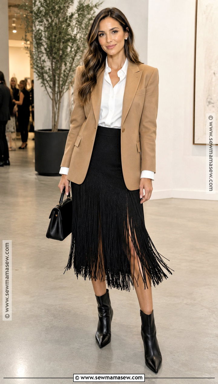 Fringe Midi Skirt With White Shirt And Blazer - 30 fall skirt outfits
