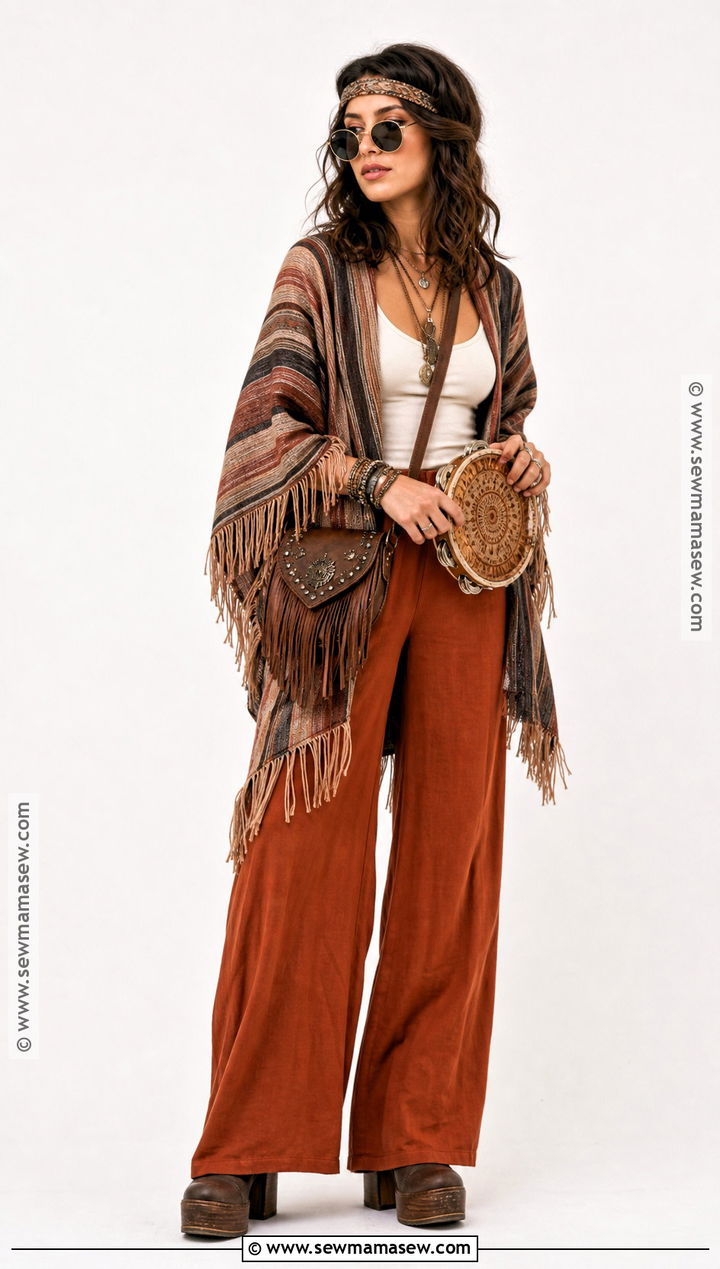 Fringe Poncho And Wide Leg Pants Hippie Costume - 30 hippie outfits 70s costume