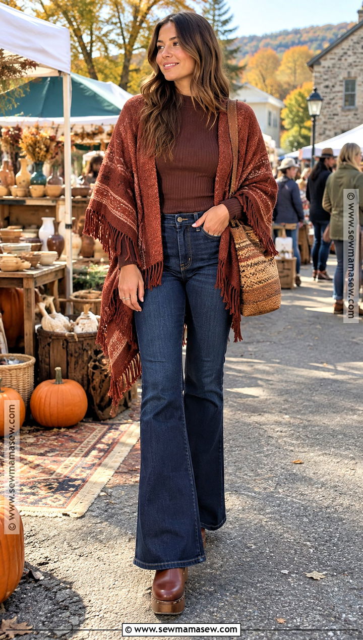 Fringe Poncho With Flared Jeans And Clogs - 15 fall fashion poncho style ideas