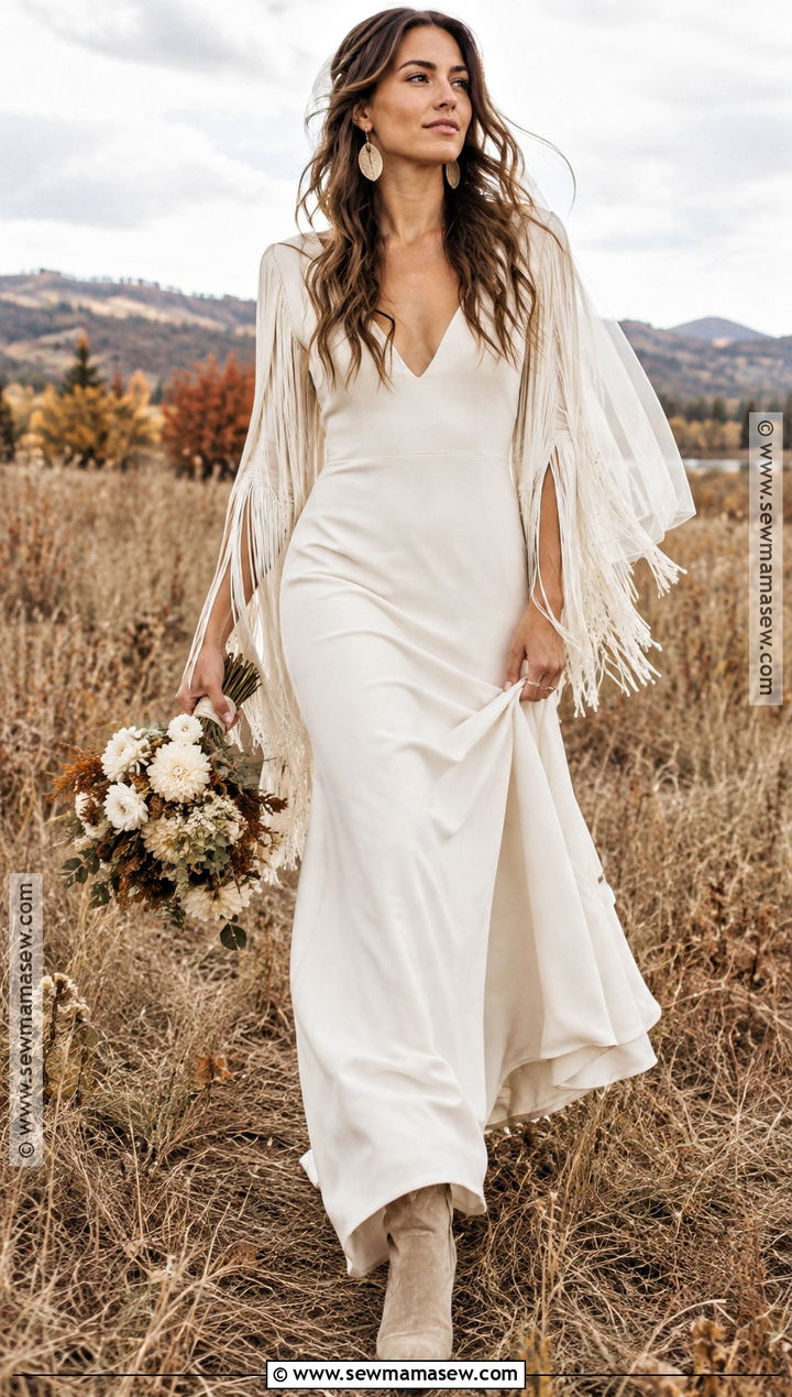Fringe Sleeve Boho Wedding Dress - 15 rustic boho fall wedding dress ideas