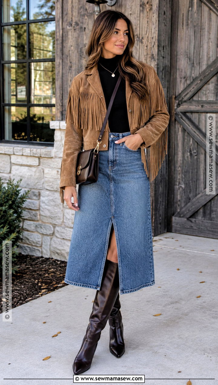 Fringe Suede Jacket With Denim Skirt And Boots - 15 suede jacket fall outfit ideas
