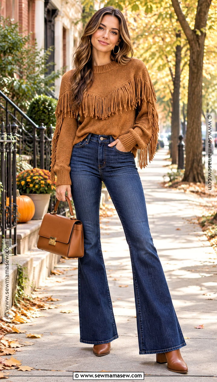 Fringe Sweater With Flare Jeans - 15 Fringe Sweater Fall Ideas