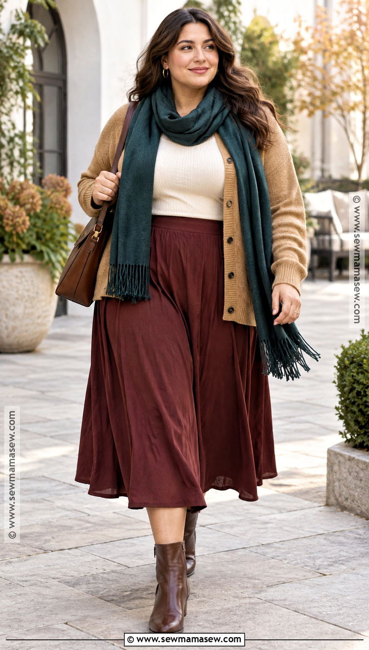 Fringed Autumn Scarf With Cardigan And Midi Skirt - 15 Autumn Scarf Fashion Accessory Ideas