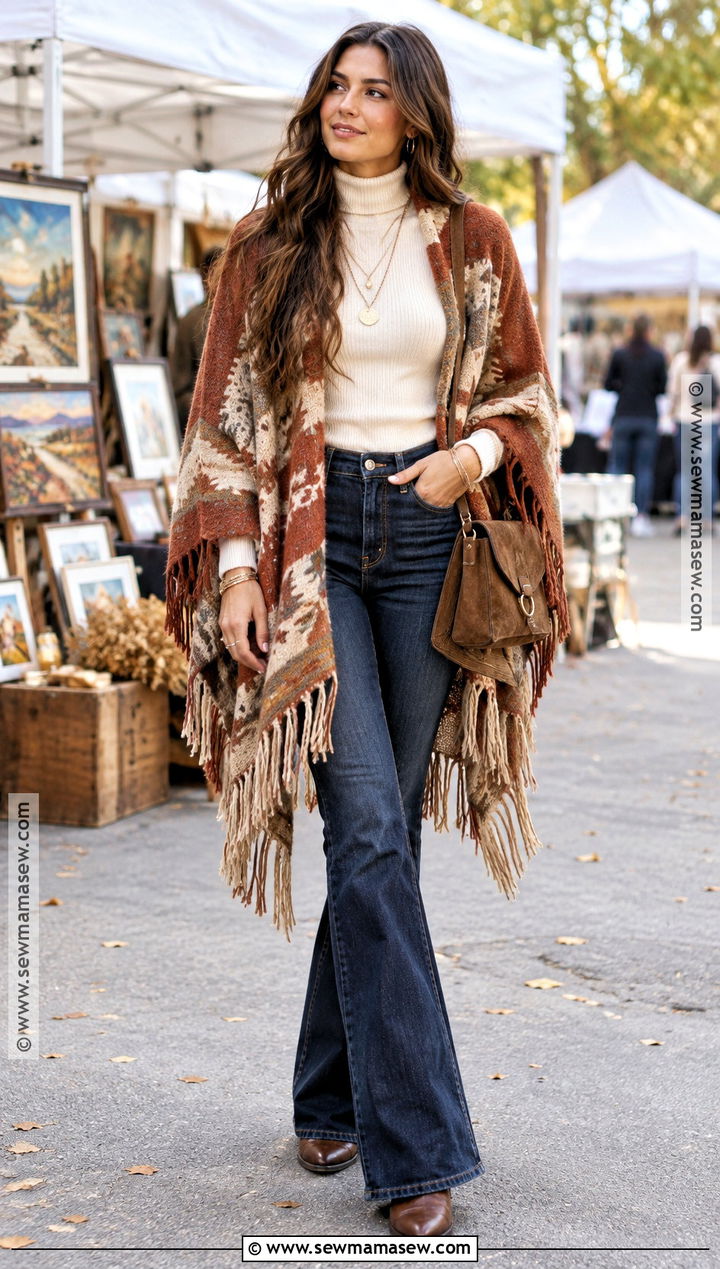 Fringed Cape With Flare Jeans And Western Boots - 15 Fall Capes Ideas