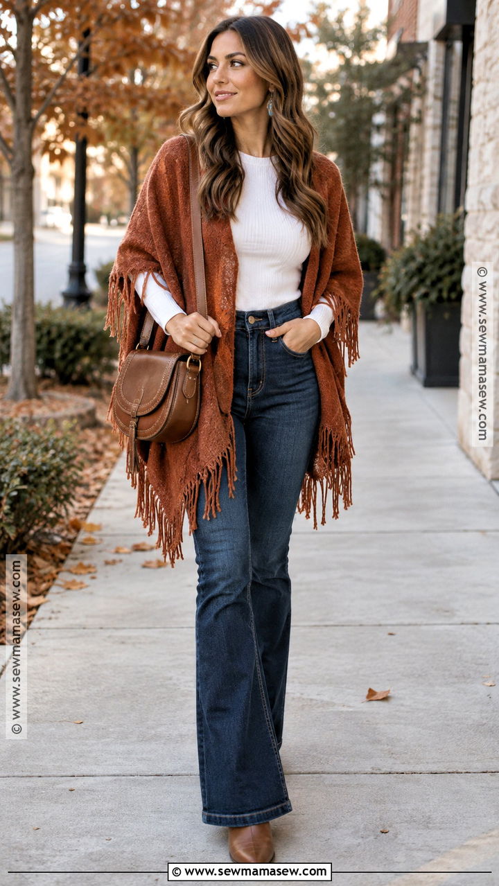 Fringed Poncho With Flare Jeans And Western Boots - 20 fall poncho ideas