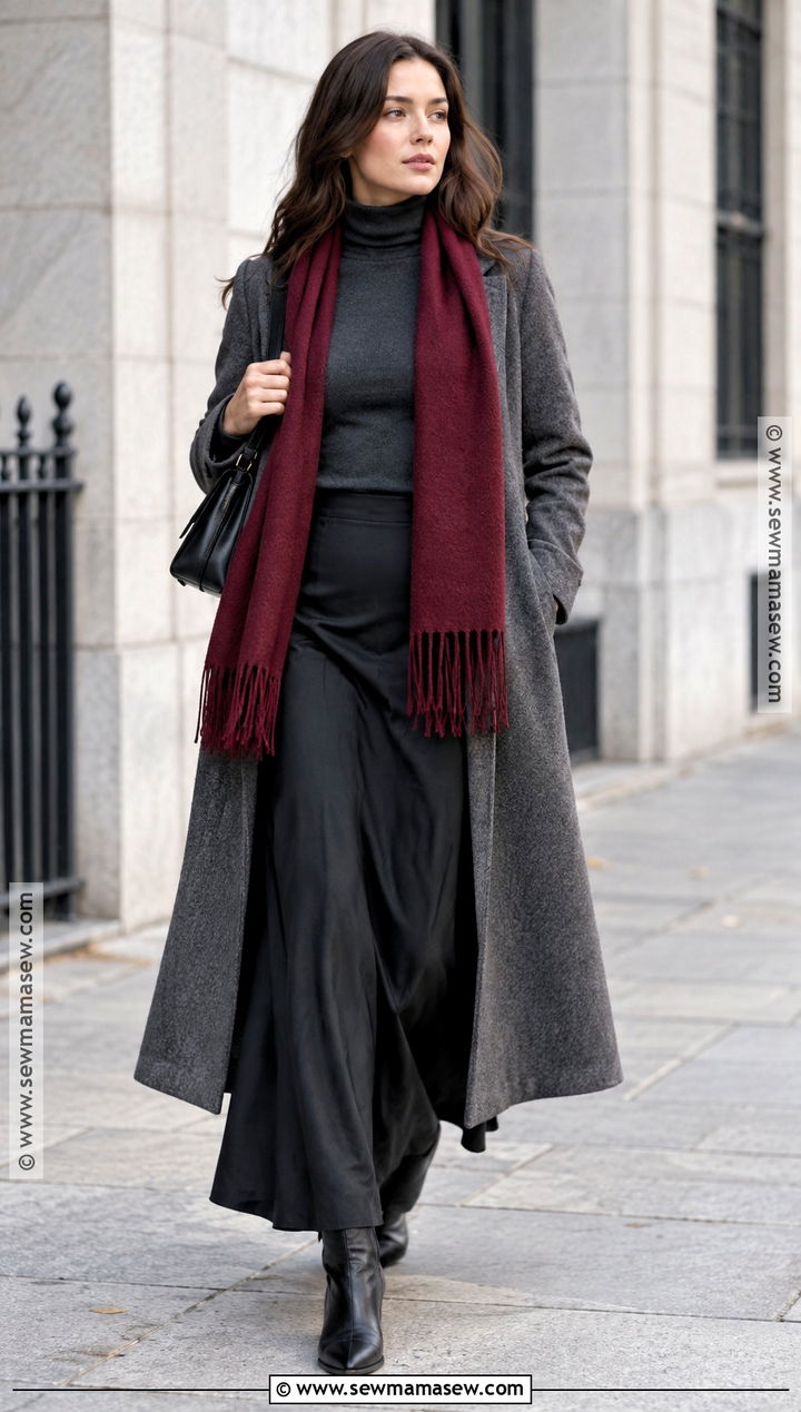 Fringed Scarf With Long Coat And Maxi Skirt - 25 fall scarf outfit ideas