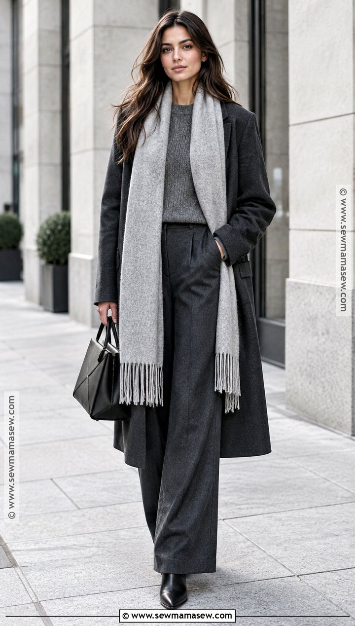 Fringed Scarf With Monochrome Coat And Wide Leg Trousers - 20 autumn scarf outfit ideas
