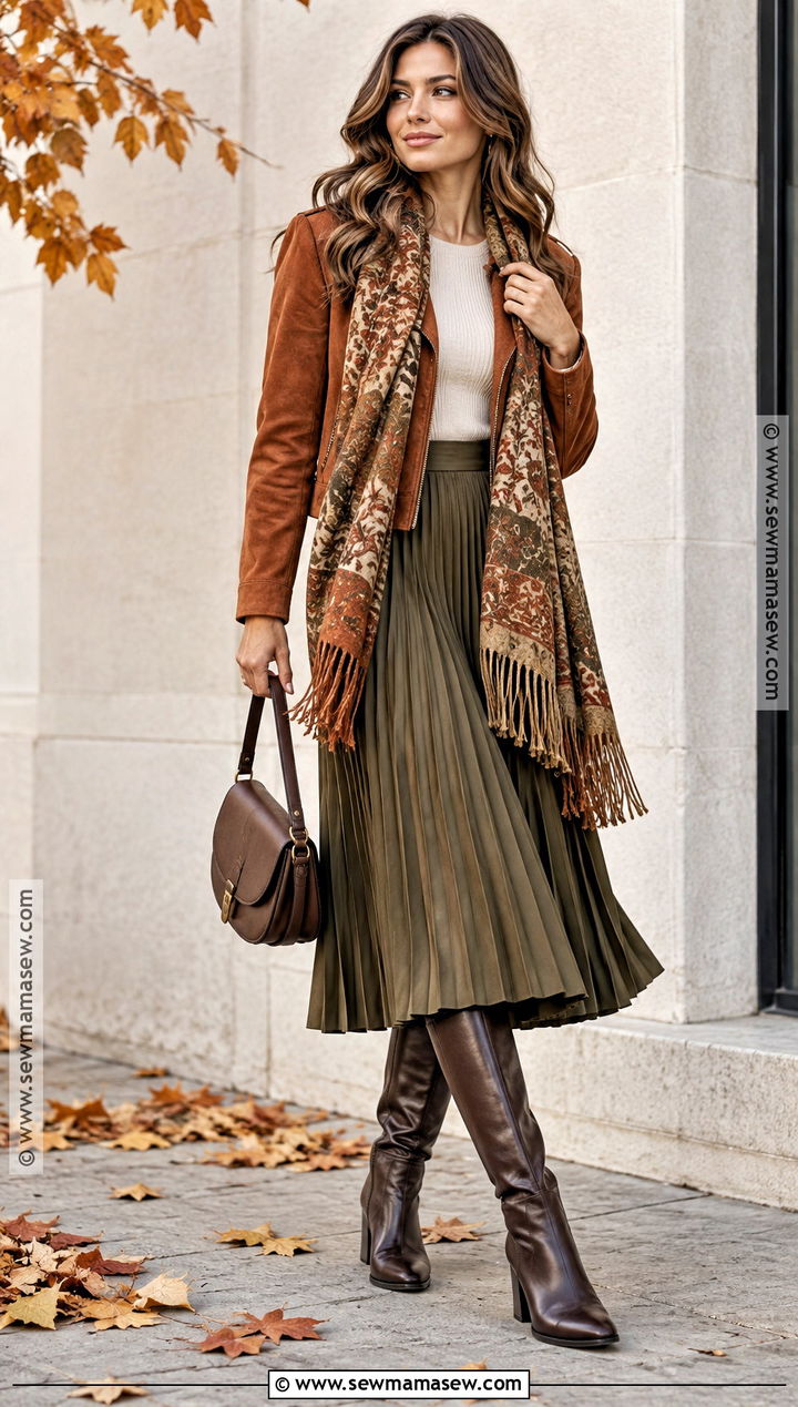 Fringed Scarf With Suede Jacket And Midi Skirt - 15 creative scarf ideas for fall