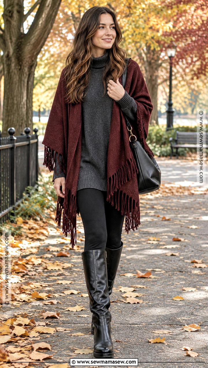 Fringed Shawl With Leggings And Tall Boots - 20 shawl outfit fall ideas