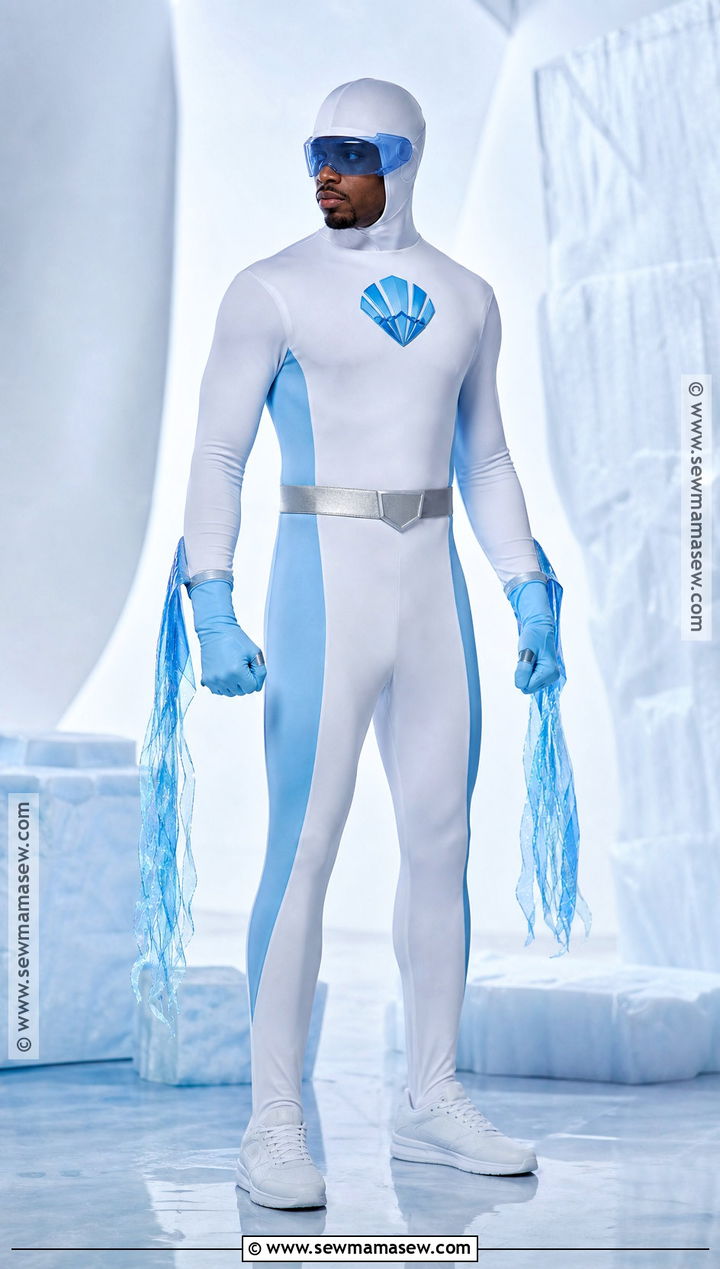 Frozone Costume With Blue Visor And White Suit - 30 super hero costume ideas