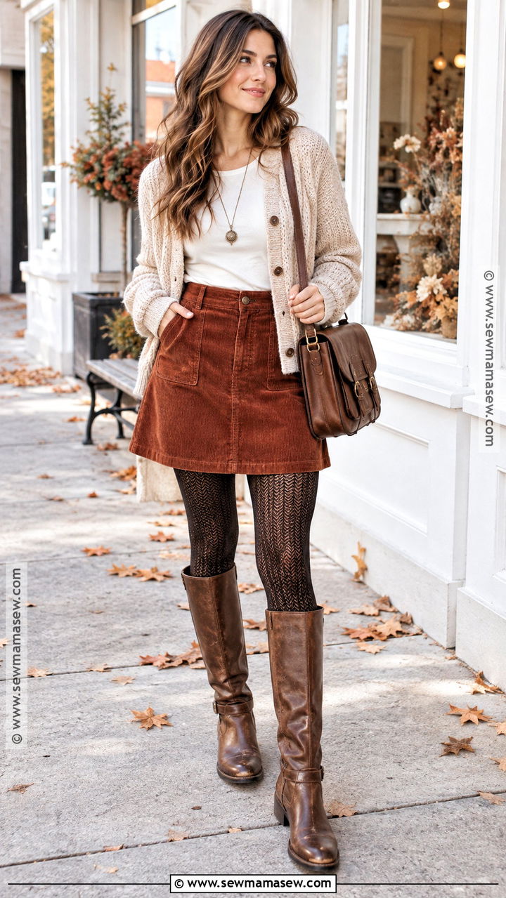 Frye Boots With Corduroy Skirt And Cardigan - 20 Frye Boots Fall Outfit