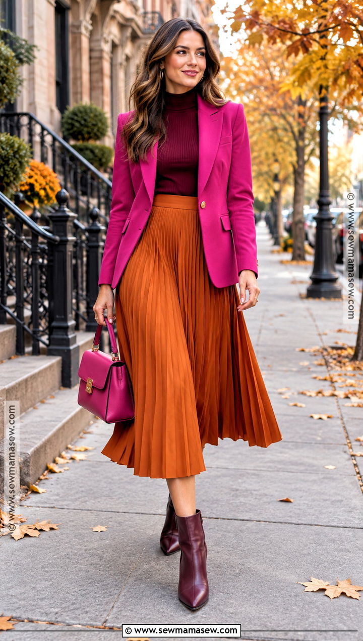 Fuchsia Blazer And Orange Skirt Autumn Outfit - 20 colorful autumn outfits