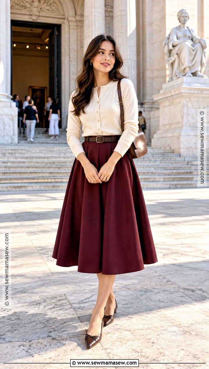 Full A Line Skirt With Cardigan And Ballet Flats - 15 skirt outfit fall ideas 2026