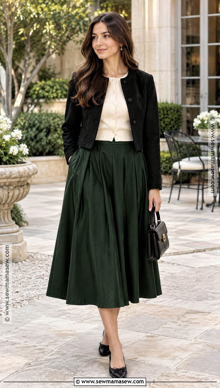 Full Midi Skirt With Fitted Cardigan And Ballet Flats - 25 skirt outfits fall
