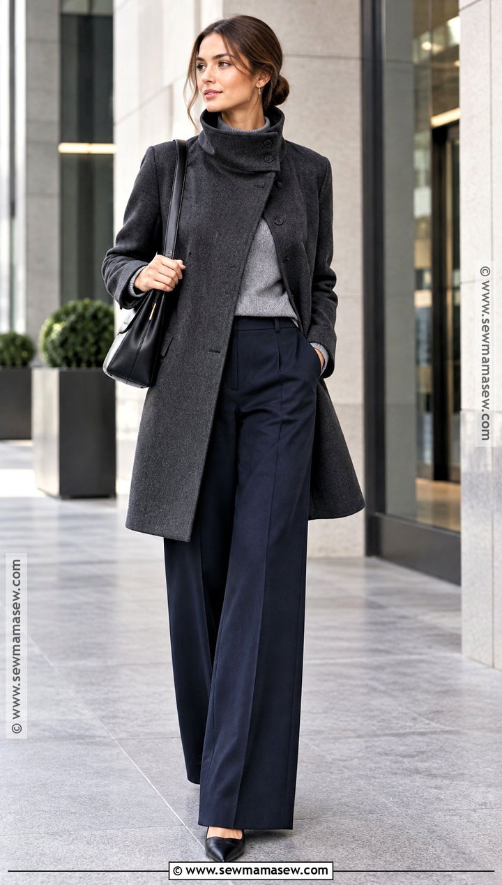 Funnel Neck Coat With Wide Leg Pants And Flats - 25 fall coat ideas