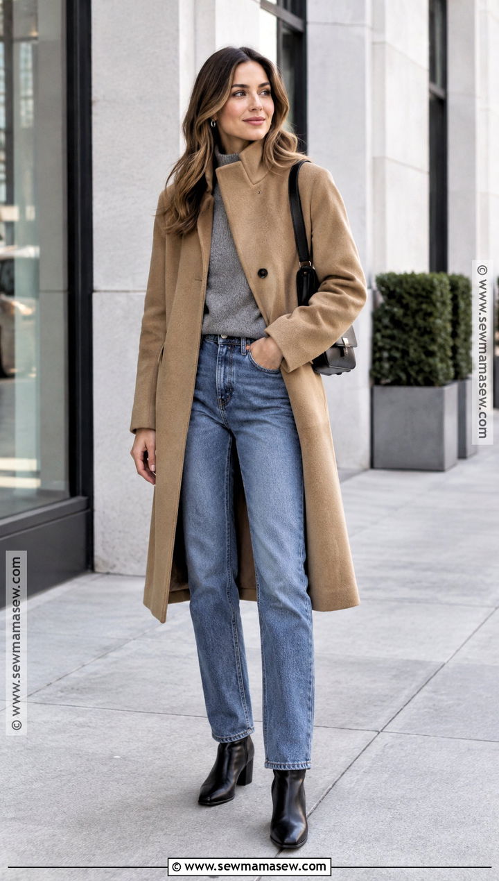 Funnel Neck Coat and Straight Jeans Outfit - 15 fashion fall trends 2026
