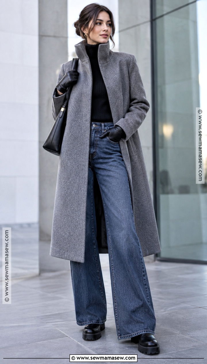 Funnel Neck Coat and Wide Leg Jeans Outfit - 20 winter inspo outfits fall street styles