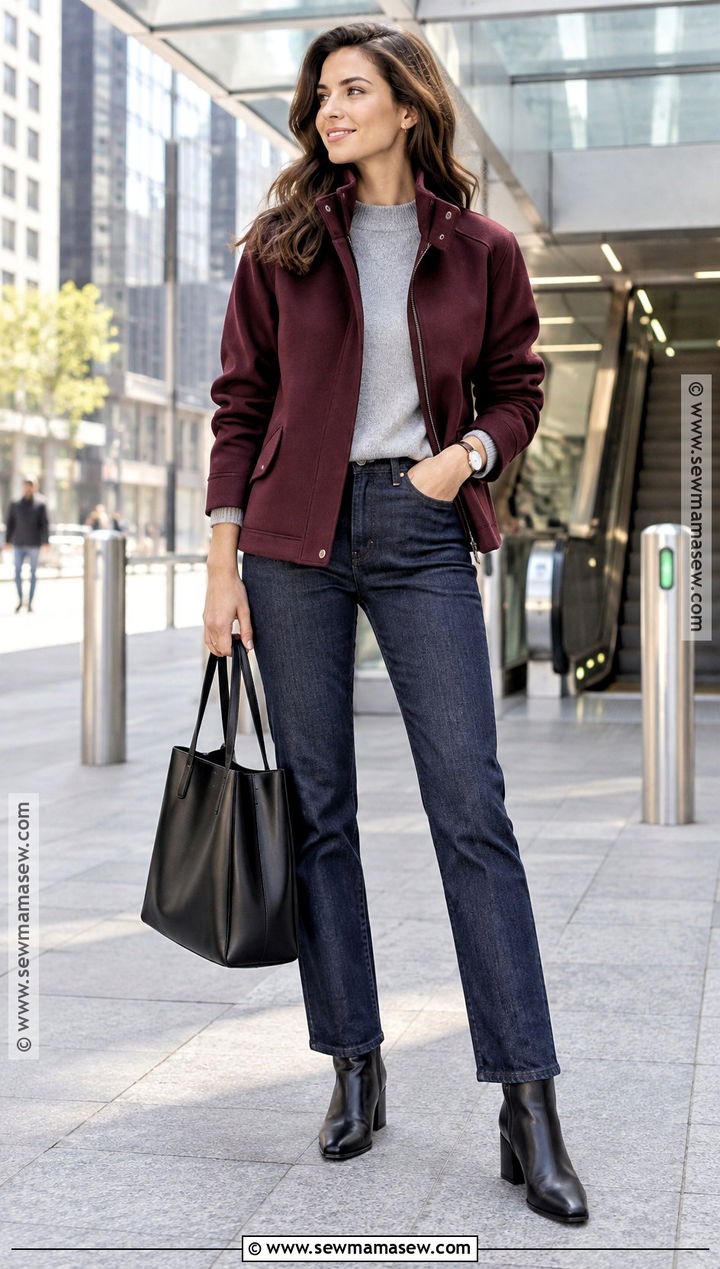 Funnel Neck Jacket And Dark Jeans Autumn Outfit - 15 autumnal style ideas