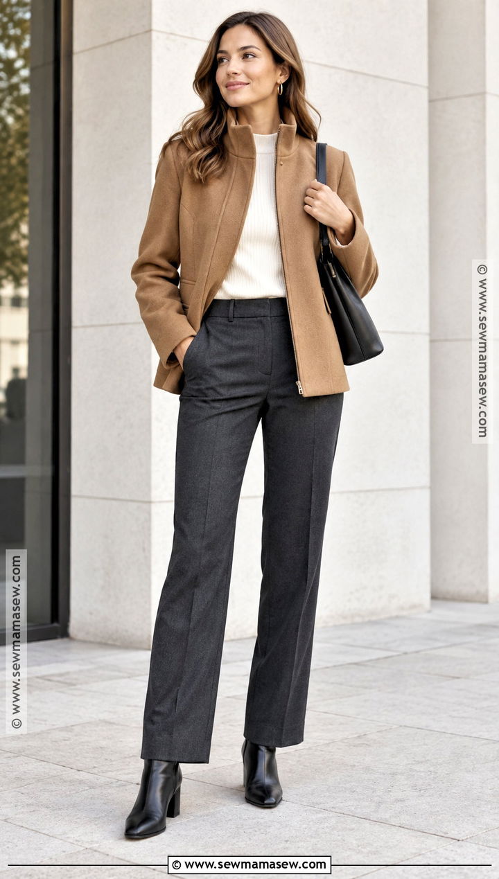 Funnel Neck Jacket And Tailored Pants Outfit - 20 Autumnal Outfits for Women