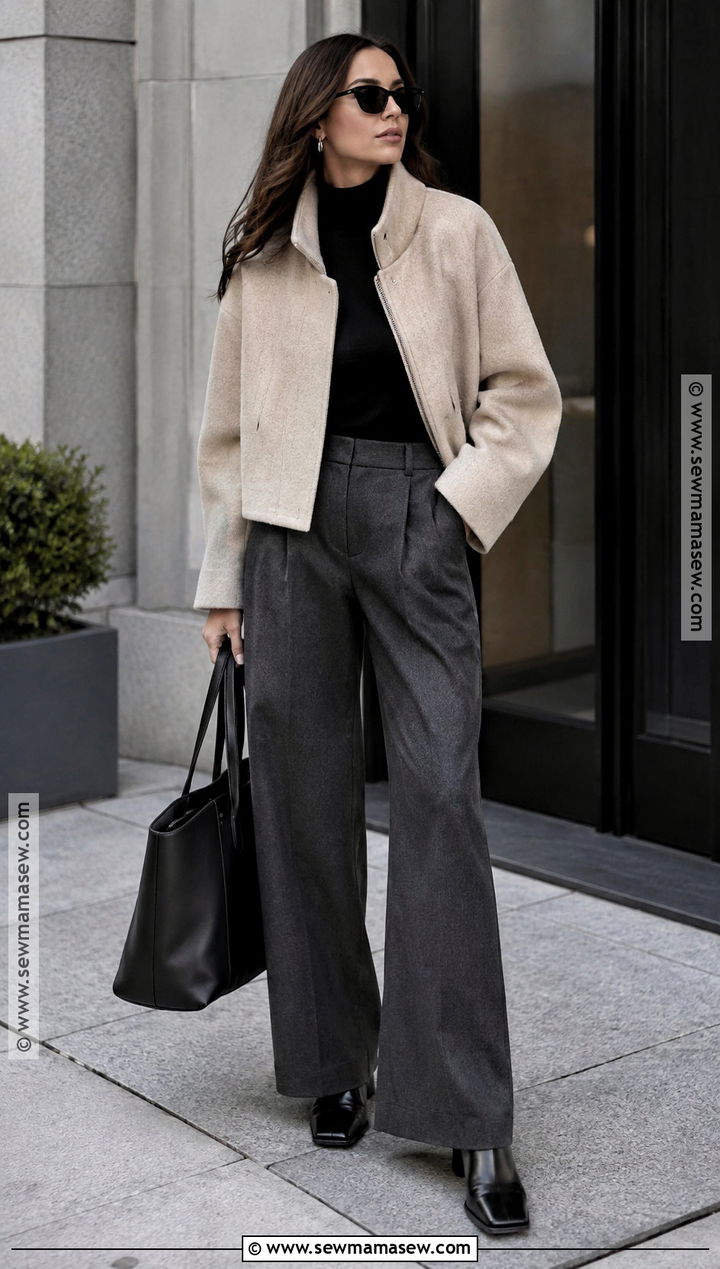 Funnel Neck Jacket And Wide Leg Pants Fall Outfit - 25 trending fall outfits