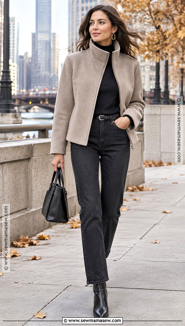 Funnel Neck Jacket Knit Top And Tailored Jeans Fall Outfit - 25 fall fit ideas