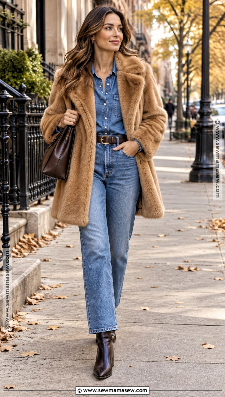 Fur Coat With Double Denim - 15 fall fur coat outfit ideas