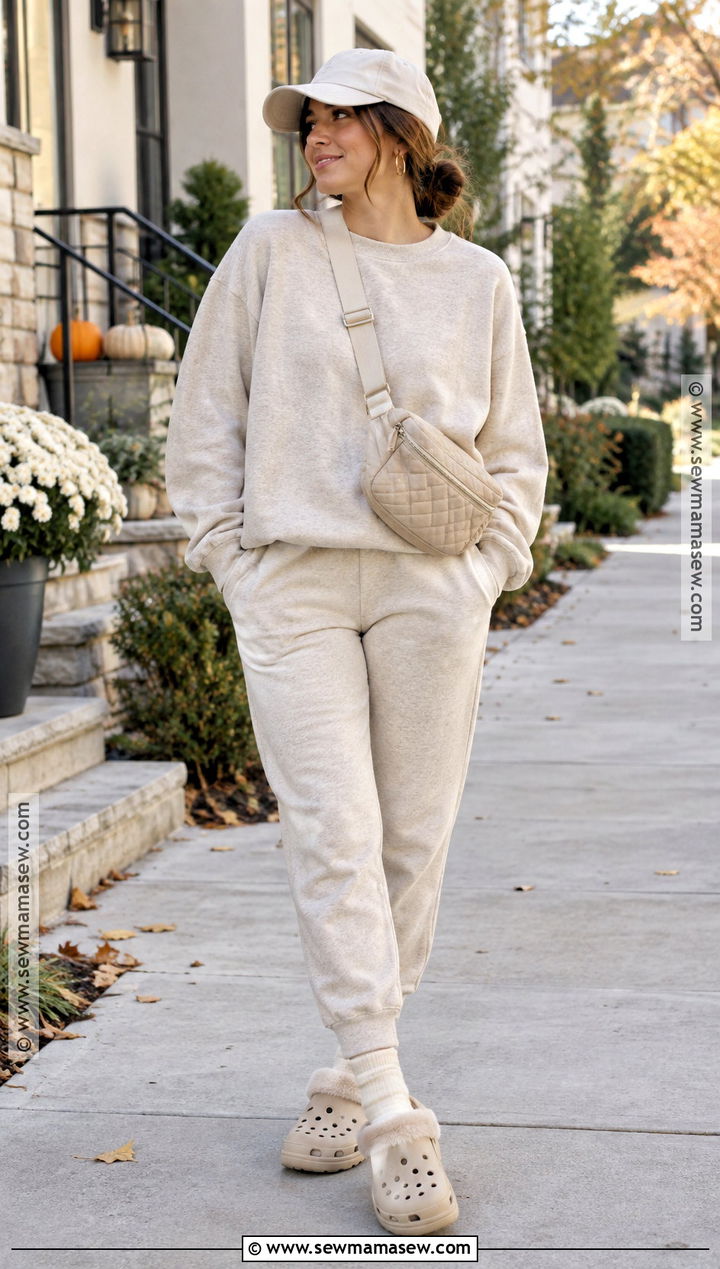 Fuzzy Crocs With Joggers And Sweatshirt - 20 crocs outfit fall ideas