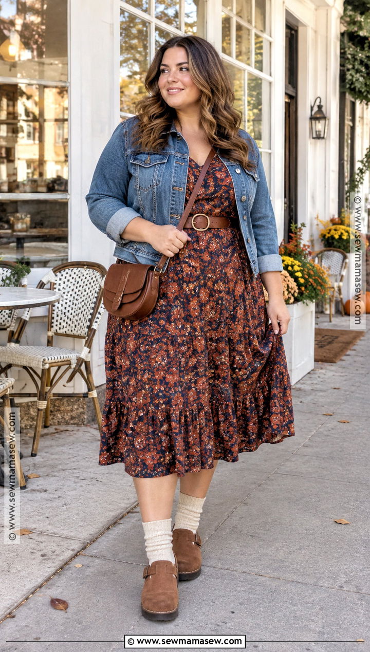 Fuzzy Socks With Midi Dress And Denim Jacket - 15 Fuzzy Socks Aesthetic Fall Ideas