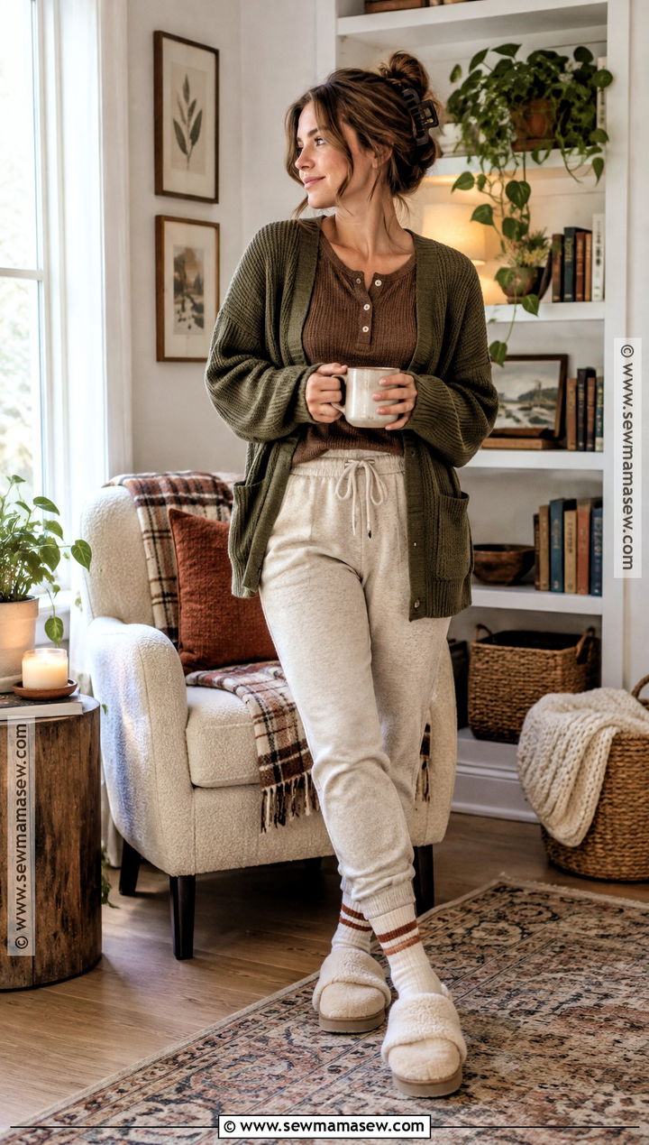 Fuzzy Socks With Waffle Henley And Joggers - 15 Fuzzy Socks Aesthetic Fall Ideas